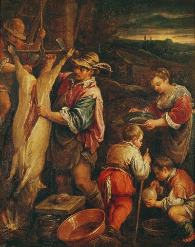 Ein Bauer häutet ein Schwein von Francesco Bassano